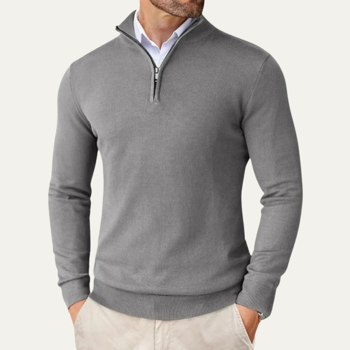 Men's gray half-zip knit sweater with zipper placket and ribbed hem