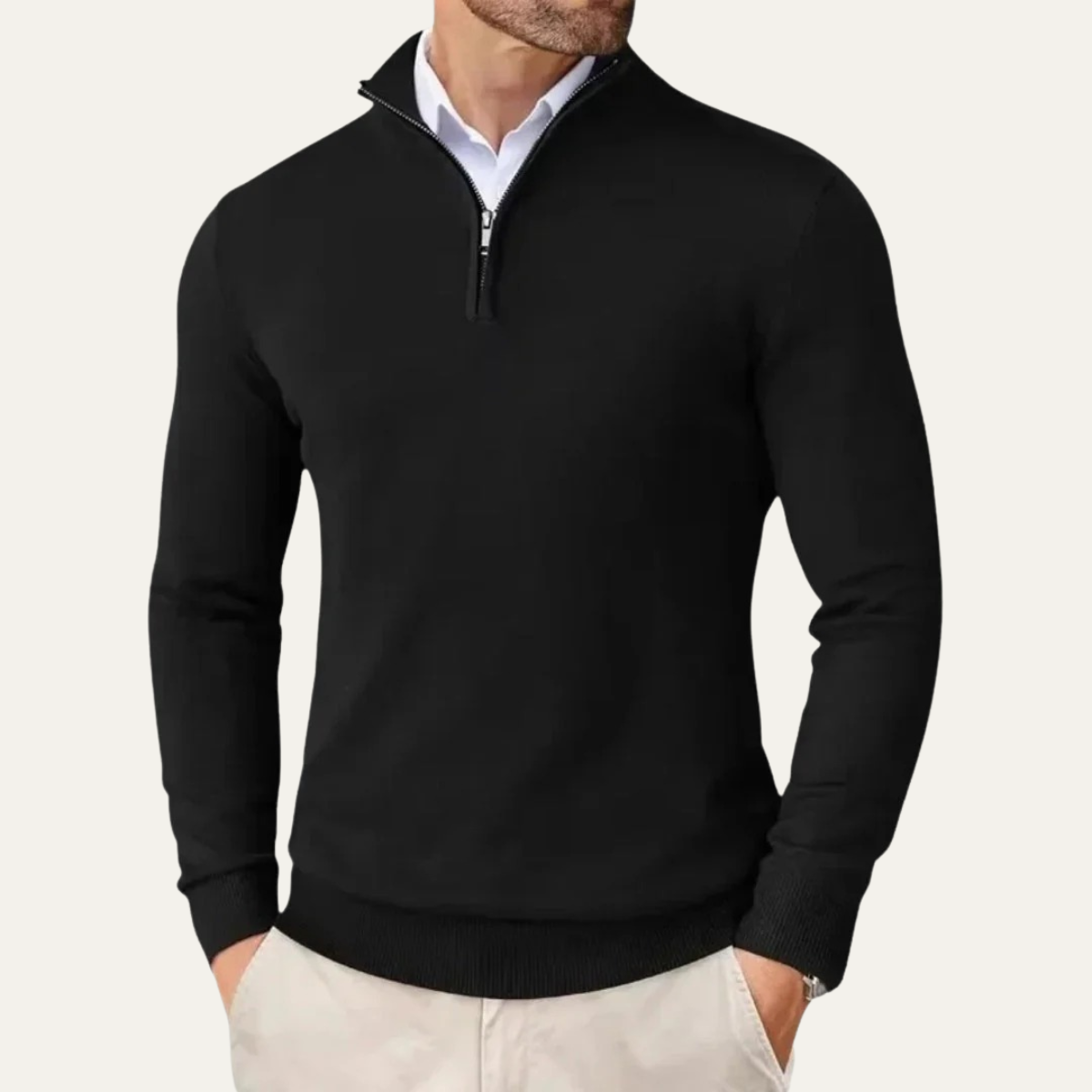 Men's black half-zip knit sweater with stand collar zipper and ribbed cuffs