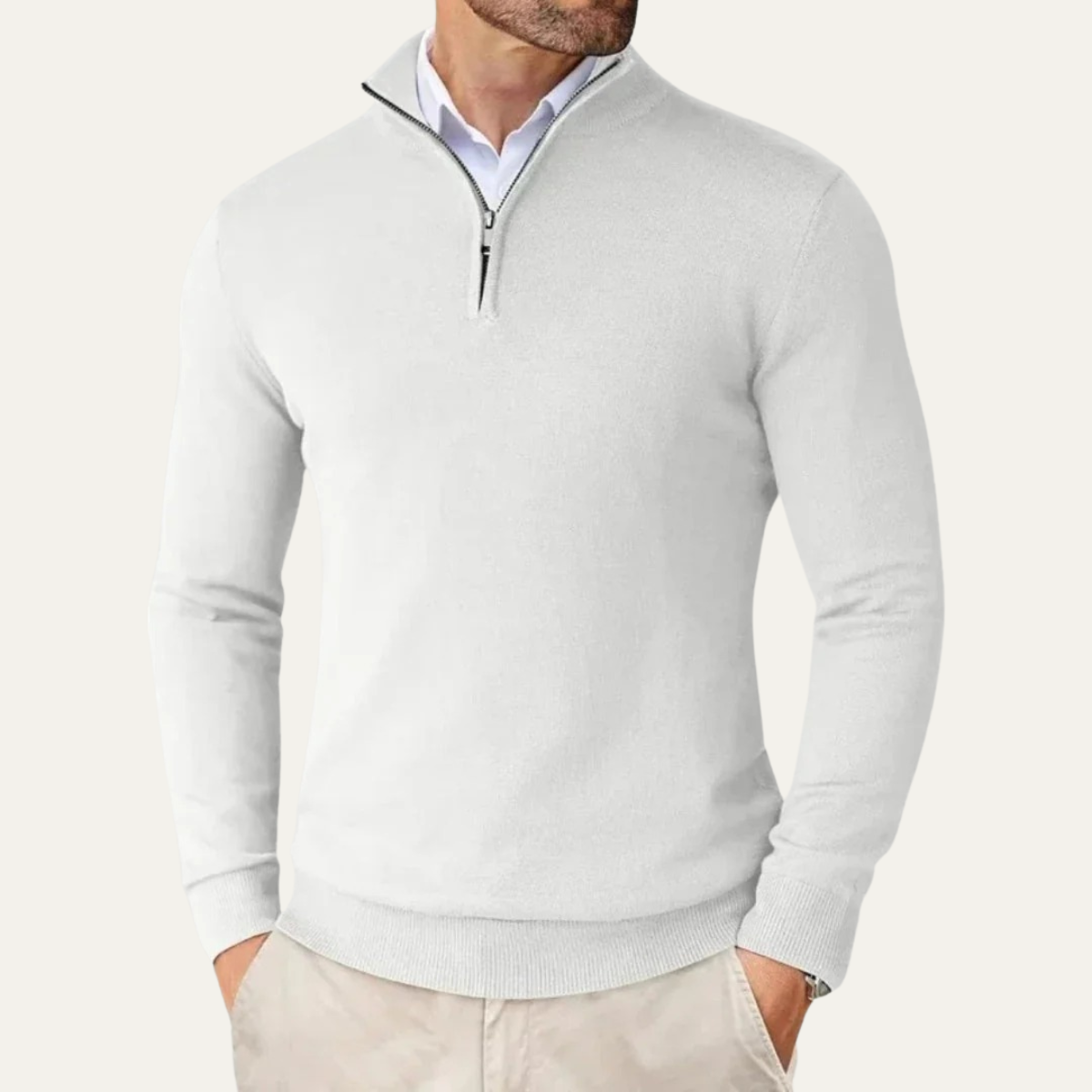 Men's white half-zip knit sweater with ribbed cuffs and quarter-zip collar