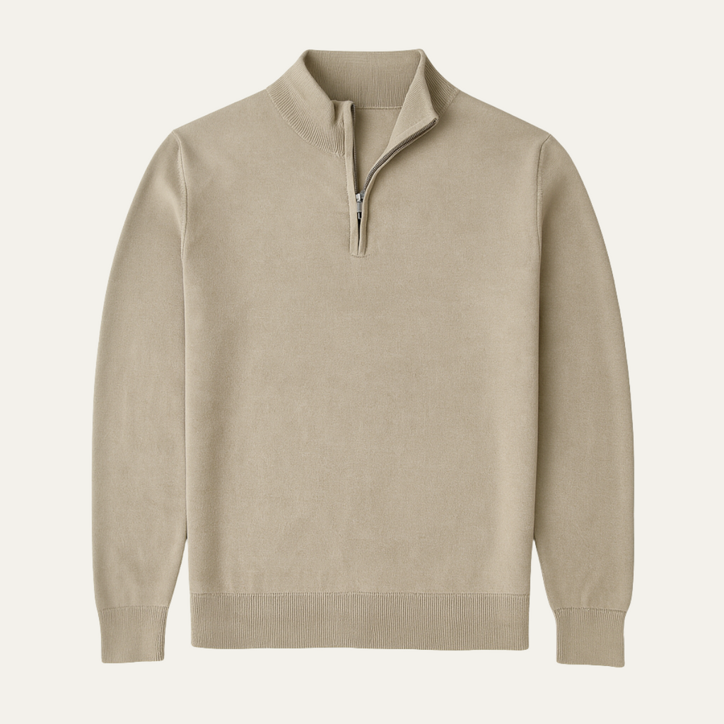 Men's beige half-zip knit sweater with ribbed cuffs and collar