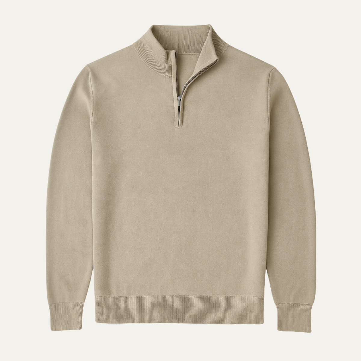 Men's beige half-zip knit sweater with ribbed cuffs and collar