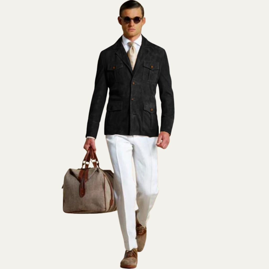 Men's smart blazer jacket in black, flap pockets, worn with white trousers