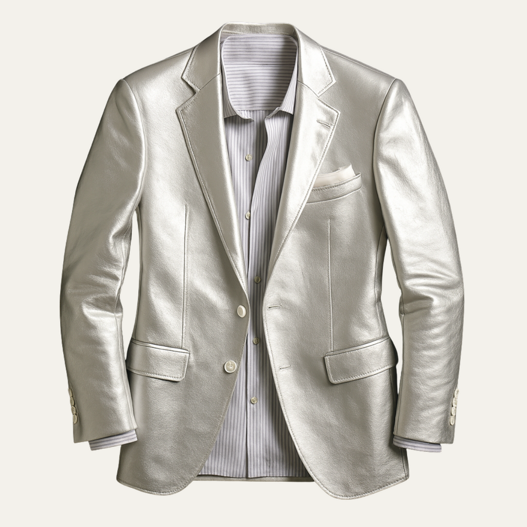 Silver metallic men’s blazer with notch lapel, one-button front, flap pockets, chest pocket.
