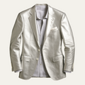 Silver metallic men’s blazer with notch lapel, one-button front, flap pockets, chest pocket.