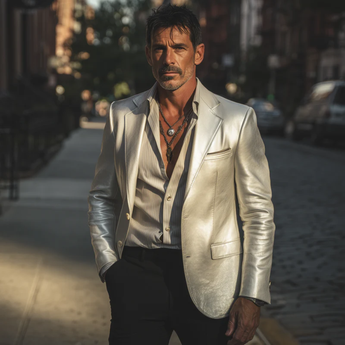 Silver metallic men’s blazer with notch lapels and chest flap pocket, tailored fit.
