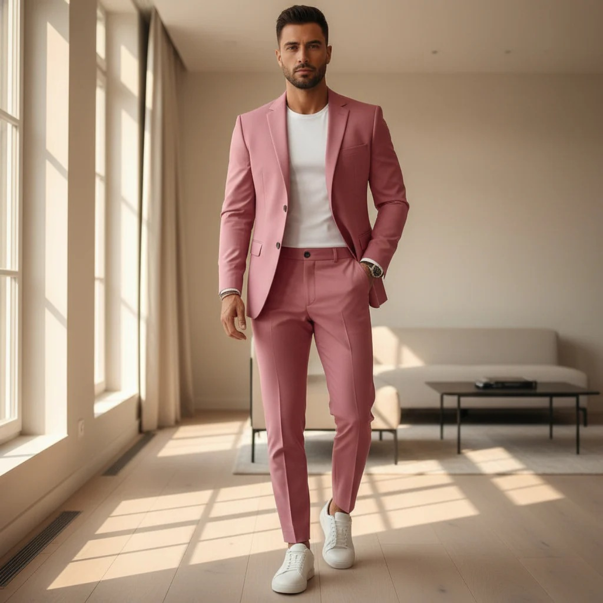 Men's slim-fit suit set: rose pink blazer with matching tapered pants