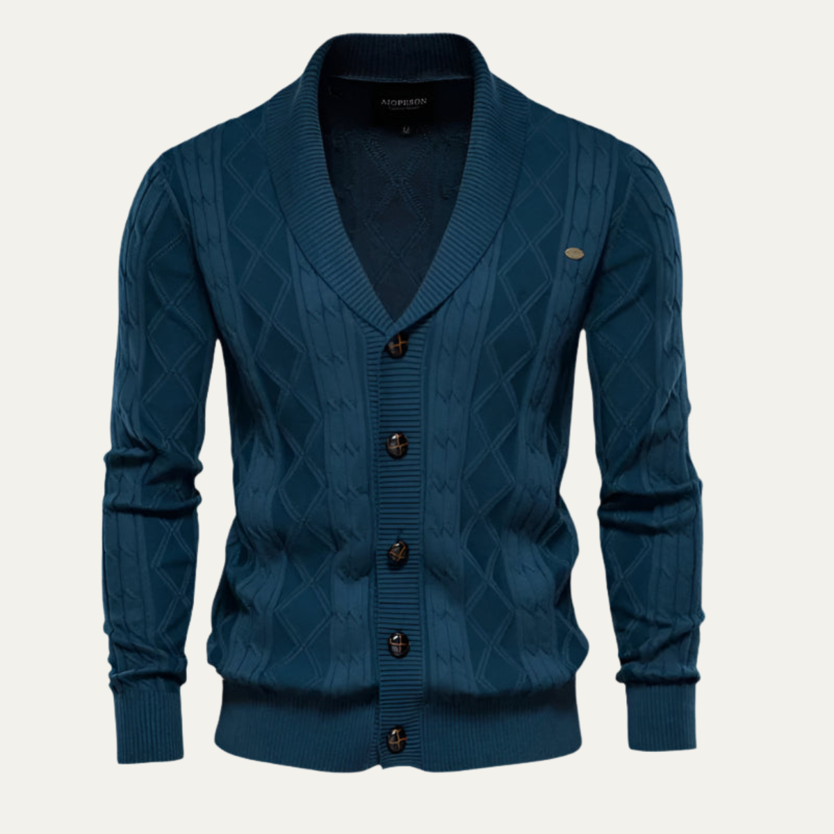 Men's knit cardigan, teal-blue V-neck button front, diamond pattern, ribbed hem