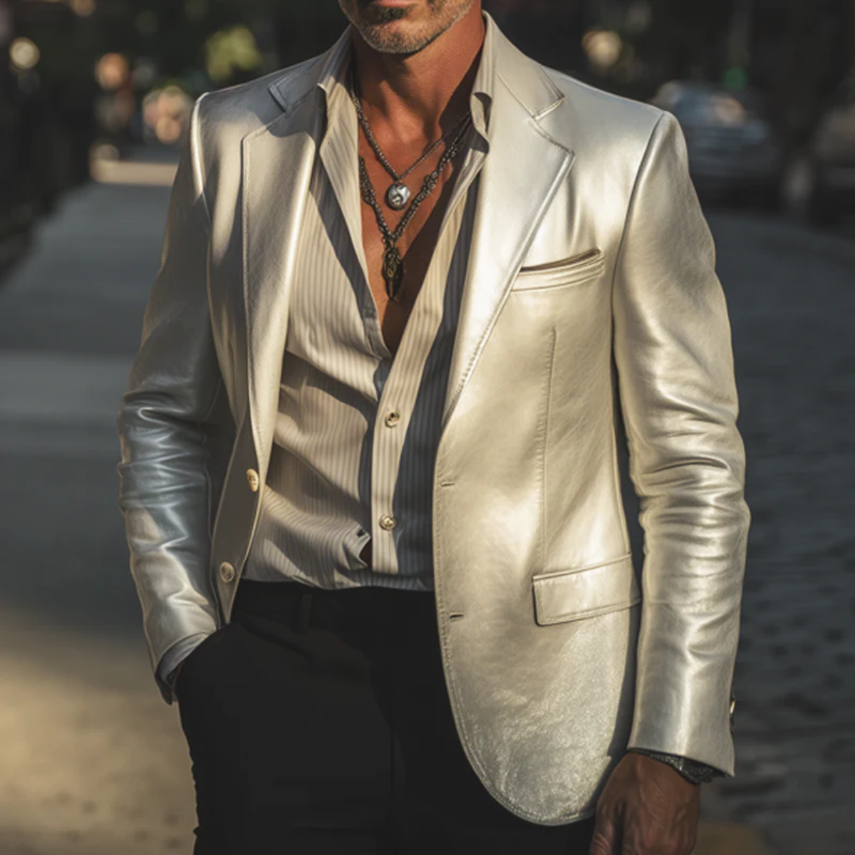 Silver metallic blazer detail: tailored notch lapels, chest pocket, single-breasted button front.