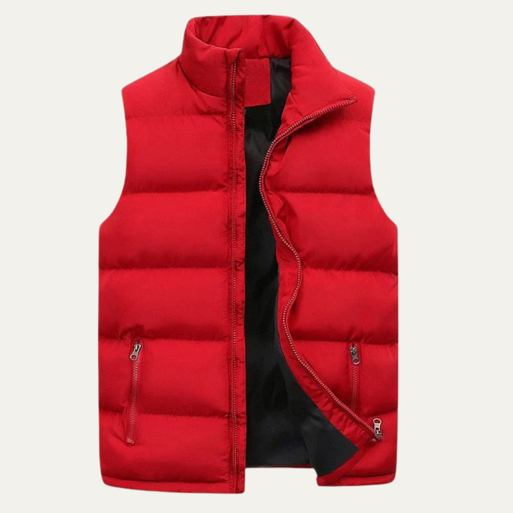 Red padded puffer vest for men with full-zip front and two zip pockets