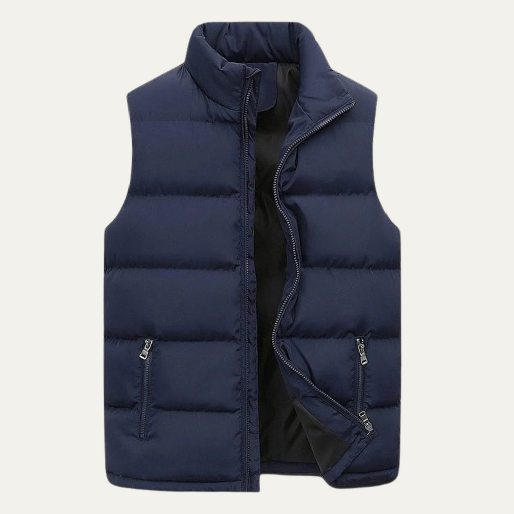 Blue padded puffer vest for men with full-zip front and two zip pockets