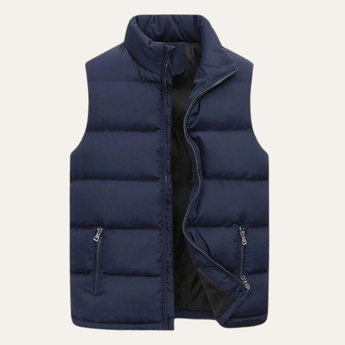 Blue padded puffer vest for men with full-zip front and two zip pockets
