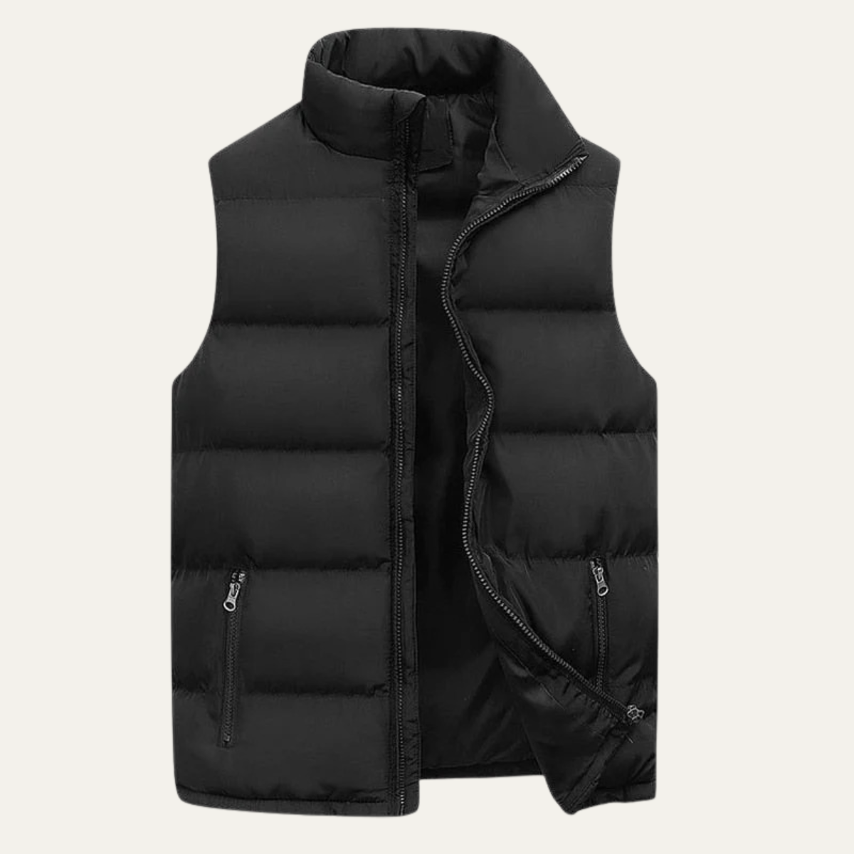 Black padded puffer vest for men with full-zip front and two zip pockets