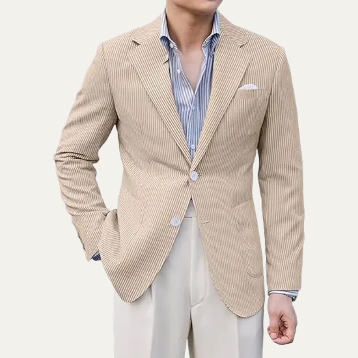 Men's smart blazer jacket in tan pinstripe, notch lapels, flap pockets