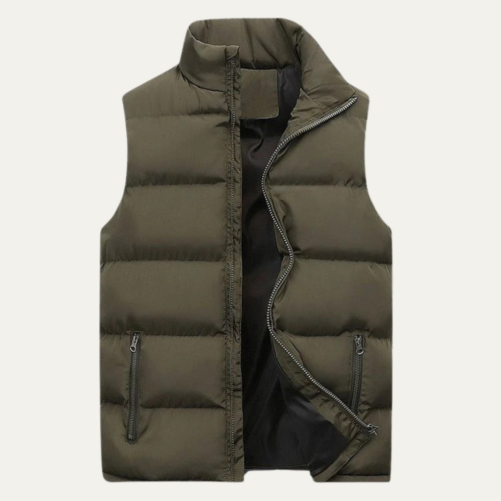 Army green padded puffer vest for men with full-zip front and two zip pockets