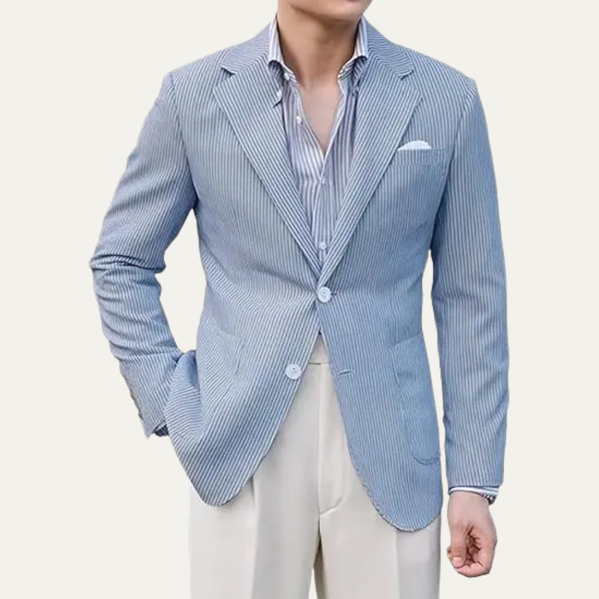 Men's smart blazer jacket in blue pinstripe, notch lapels, flap pockets