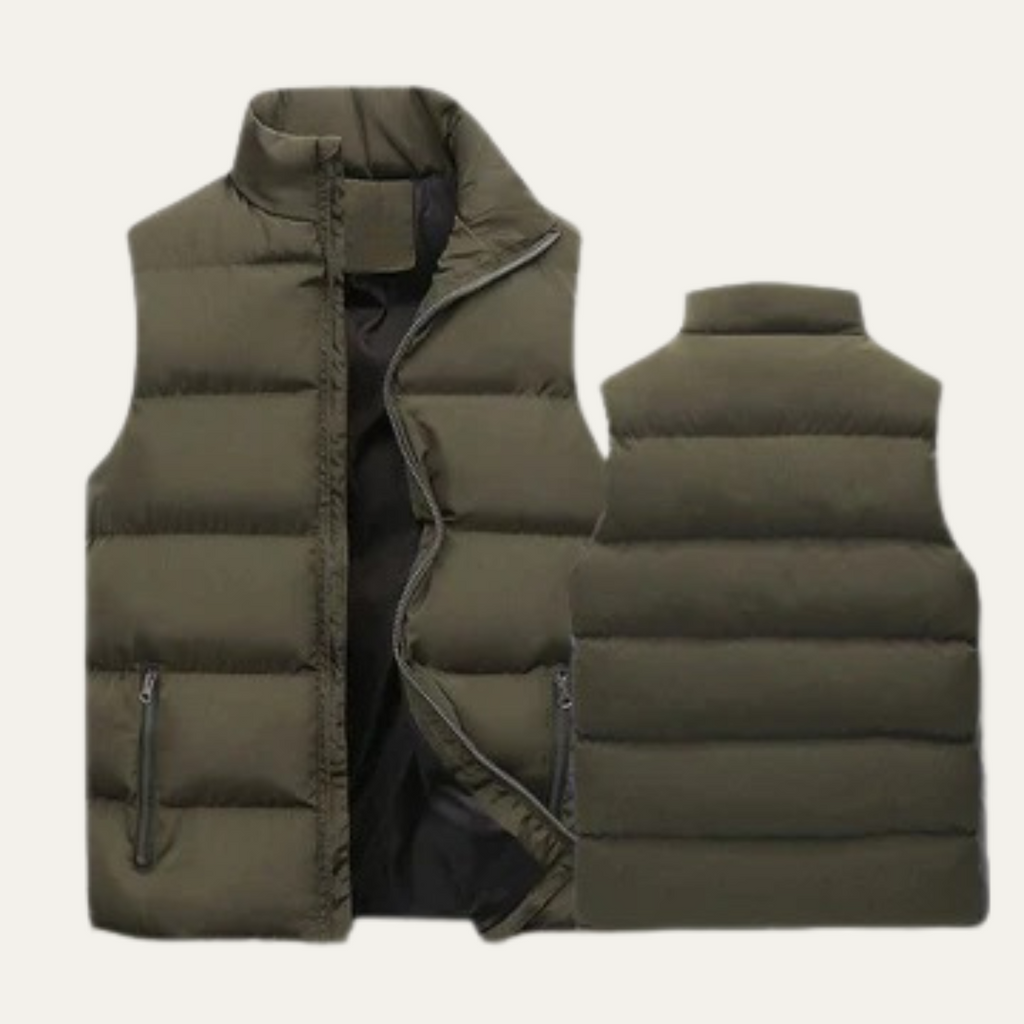 Army green padded puffer vest shown front and back with zip pockets
