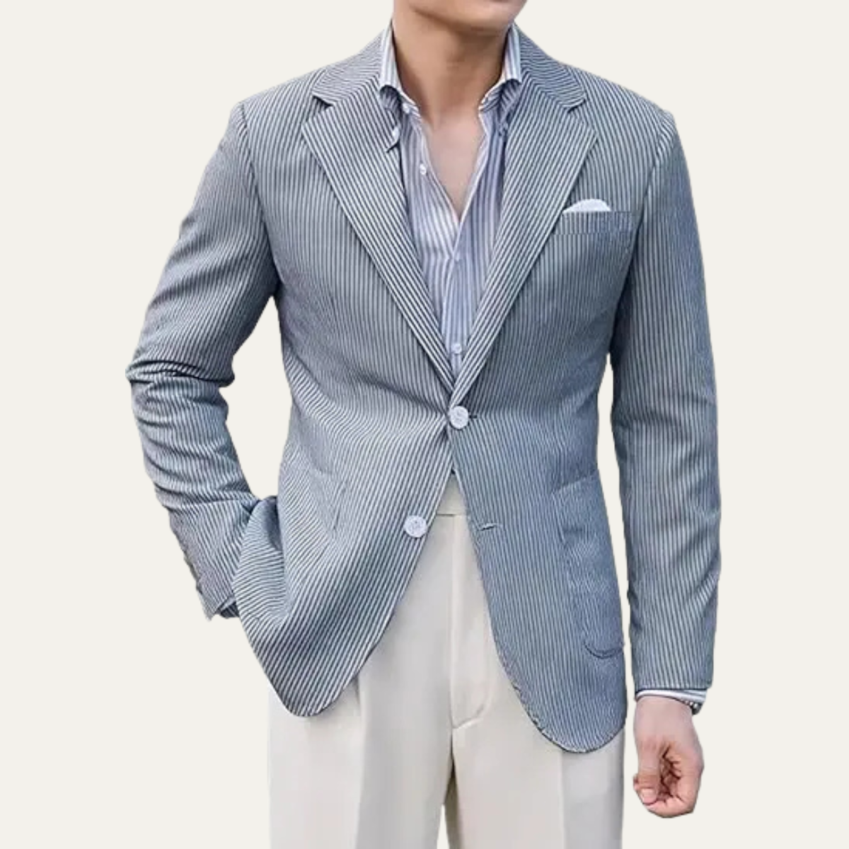 Men's smart blazer jacket in dark blue pinstripe, notch lapels, flap pockets