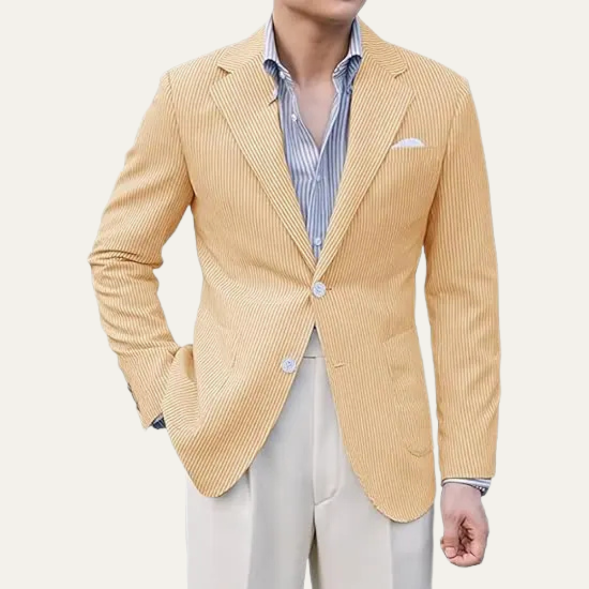 Men's smart blazer jacket in tan/brown pinstripe, notch lapels, flap pockets