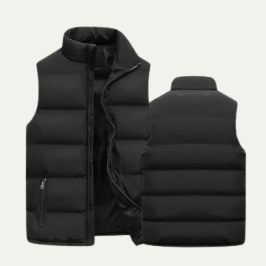 Black padded puffer vest shown front and back with full-zip closure