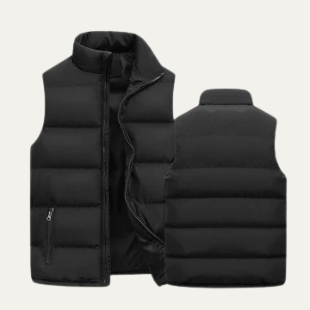 Black padded puffer vest shown front and back with full-zip closure