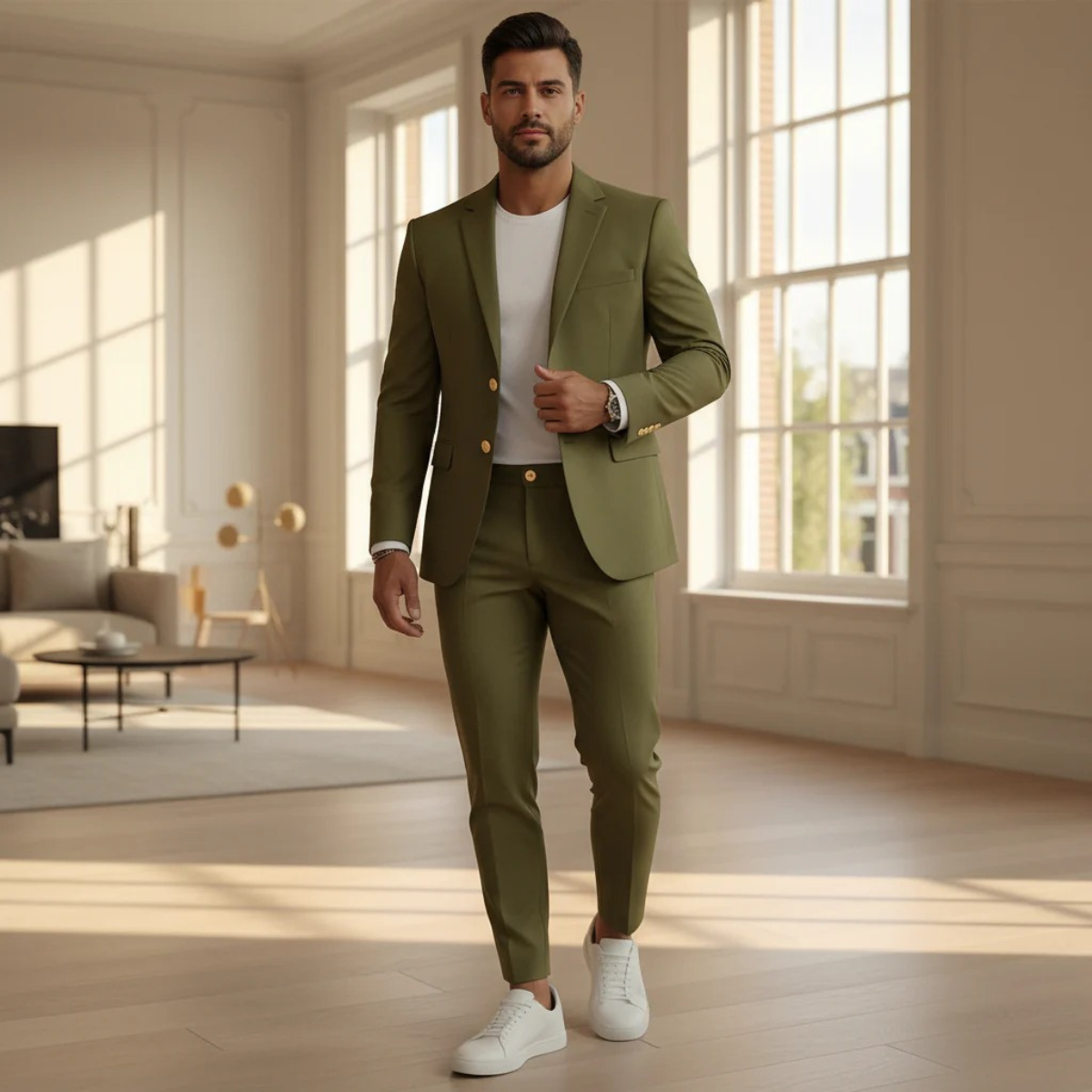 Men's slim-fit suit set: olive green blazer with matching tapered pants