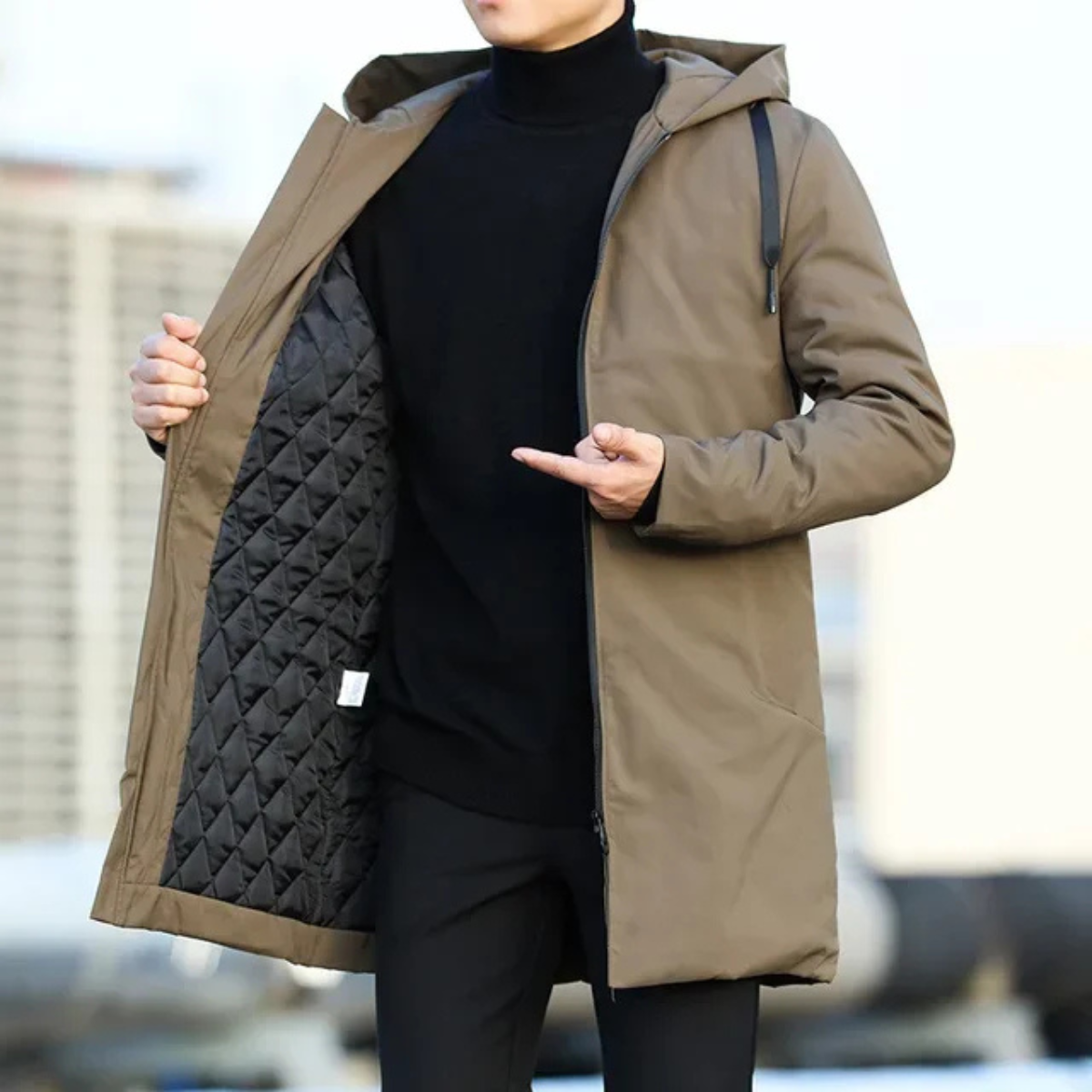 Men's long hooded rain jacket in brown, open to show quilted lining