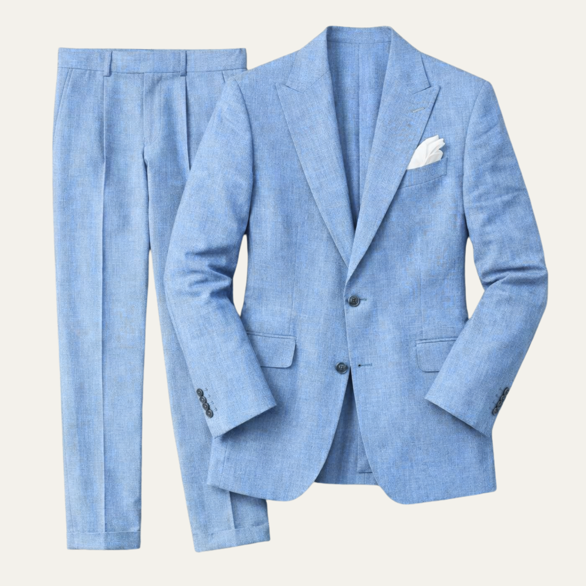 Sky blue linen slim-fit suit blazer and flat-front pants with white pocket square