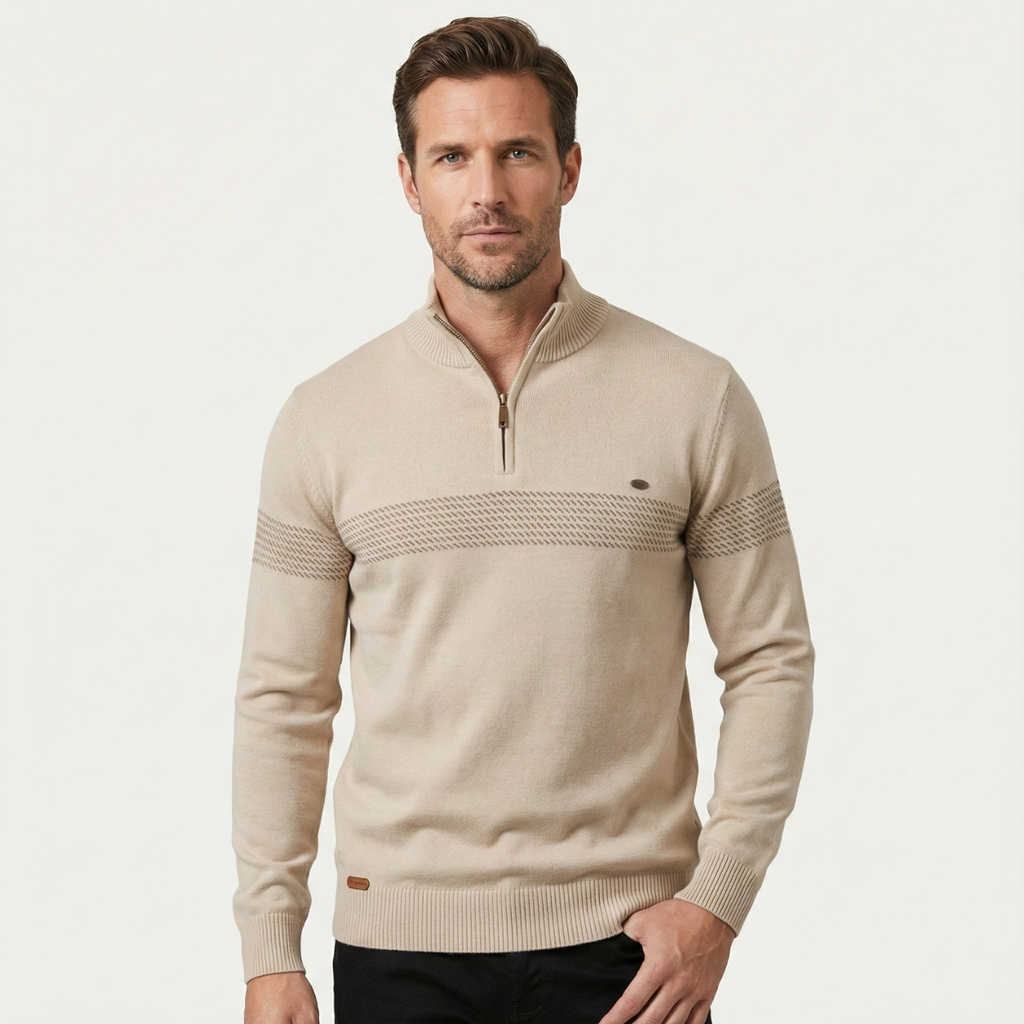 Men's apricot knit half-zip sweater with stand collar and horizontal patterned stripe
