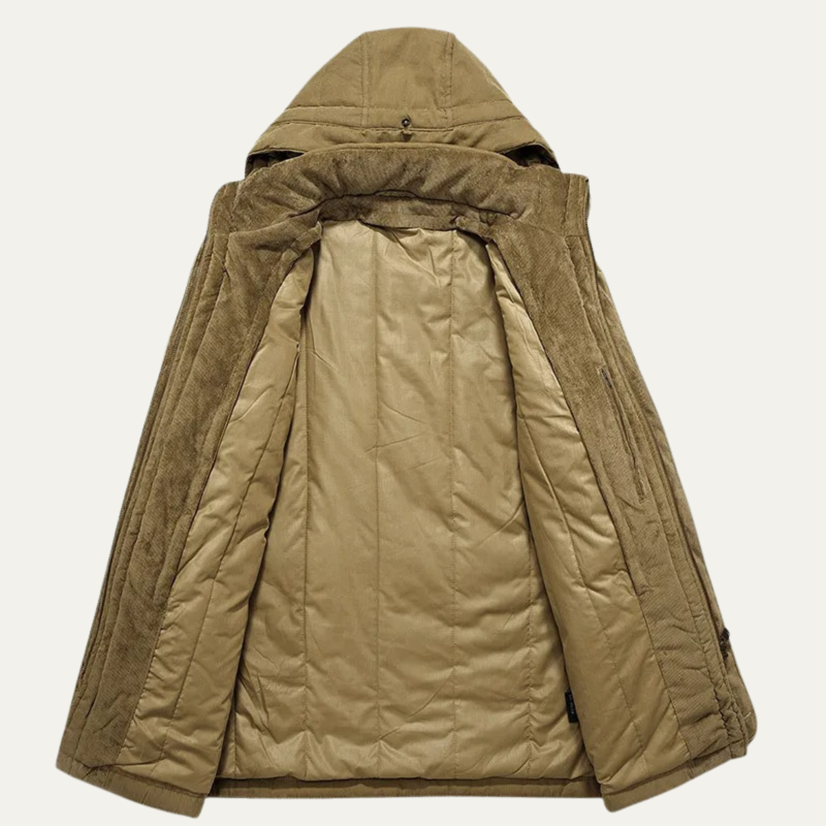 Men's insulated hooded parka jacket lining view, khaki hood and quilted inner