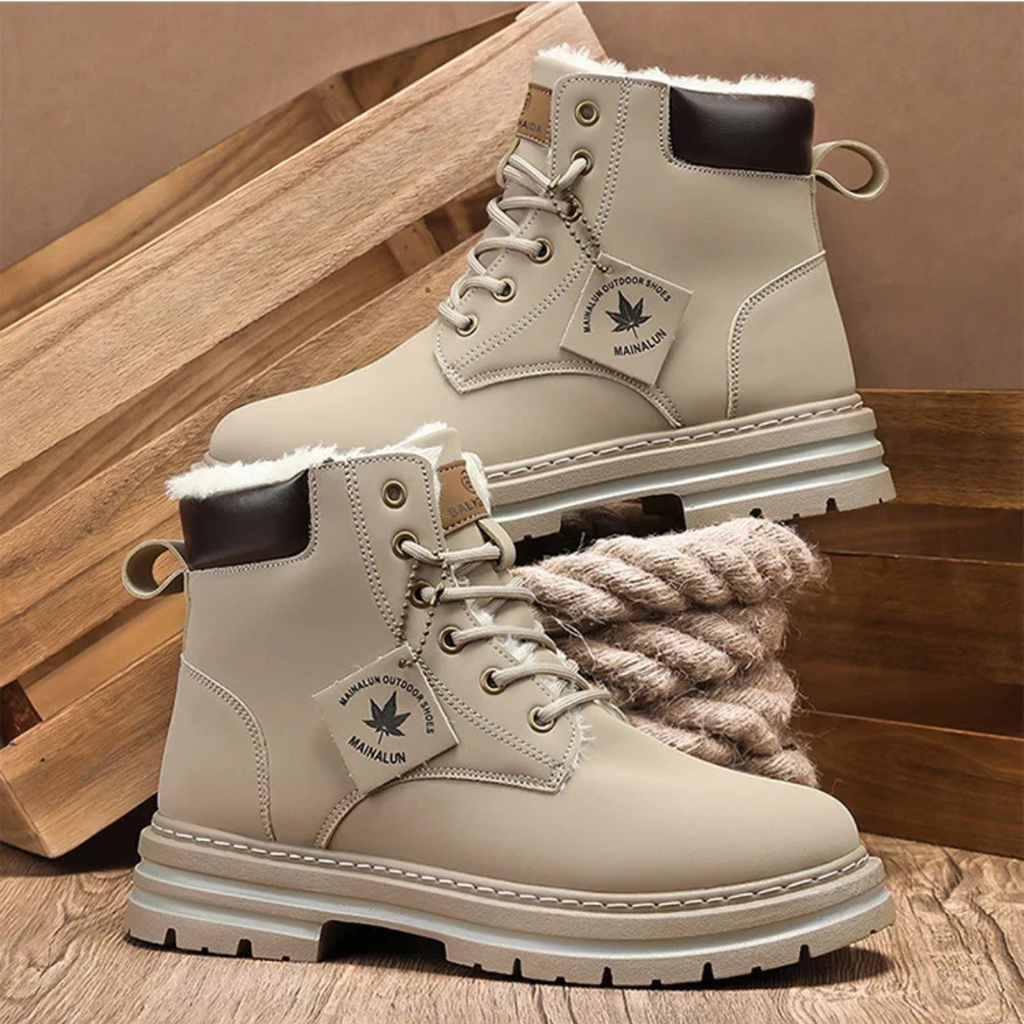 Men's beige fur-lined snow boots, lace-up with braided faux-fur collar detail