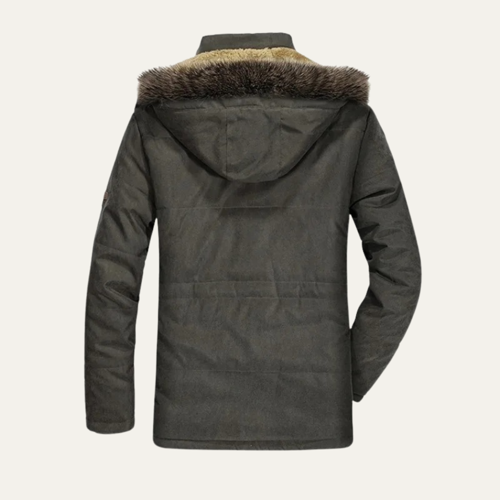 Men's charcoal puffer jacket back view with fur-trim hood and zip pocket