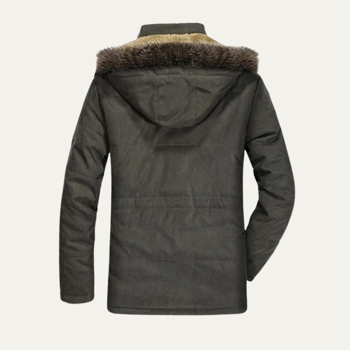 Men's charcoal puffer jacket back view with fur-trim hood and zip pocket