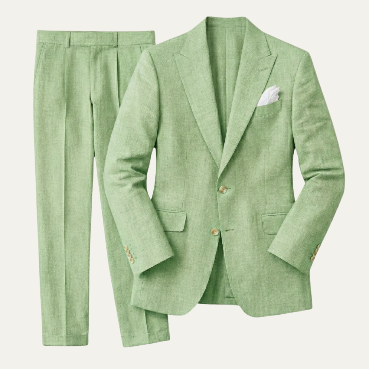 Light green linen slim-fit suit blazer and flat-front pants with white pocket square