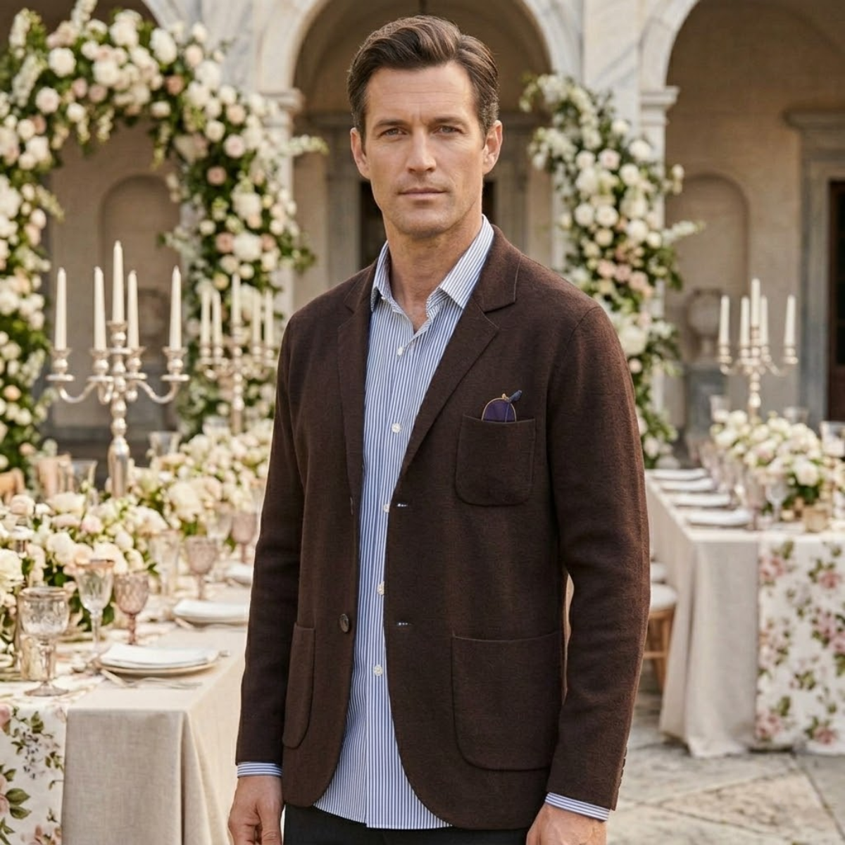 Dark brown cotton summer blazer with notch lapels, two front pockets, and chest pocket; striped shirt