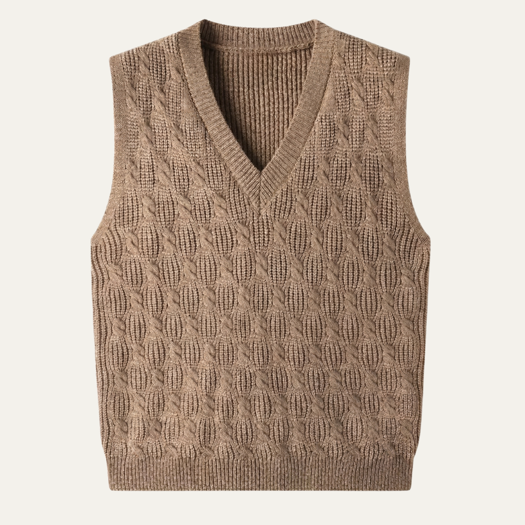 Men's khaki textured knit V-neck sweater vest, ribbed hem and neckline