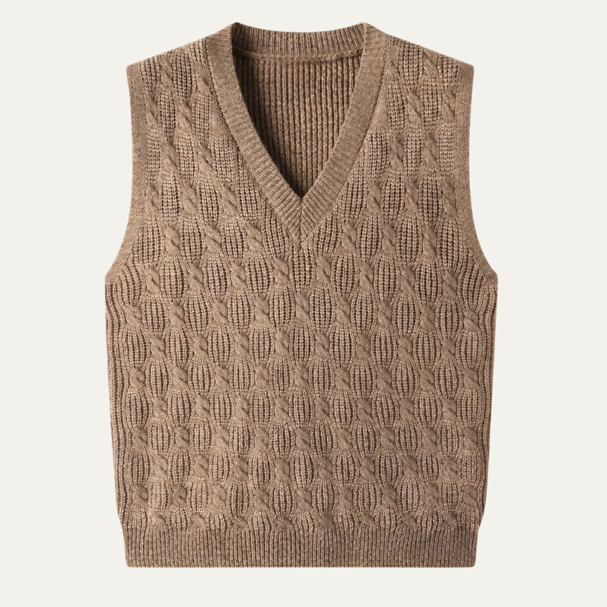 Men's khaki textured knit V-neck sweater vest, ribbed hem and neckline