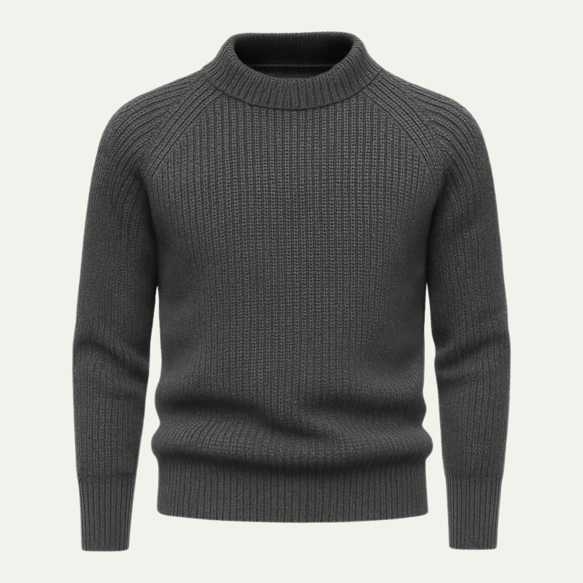 Men's gray cashmere crewneck sweater with ribbed collar, cuffs, and hem