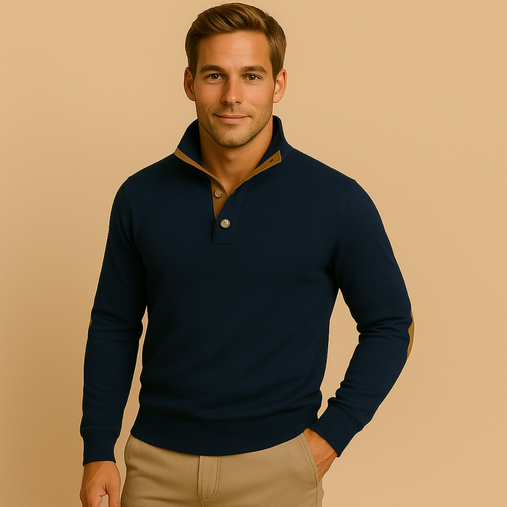 Navy quarter-zip sweater with tan button placket and ribbed cuffs