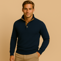 Navy quarter-zip sweater with tan button placket and ribbed cuffs