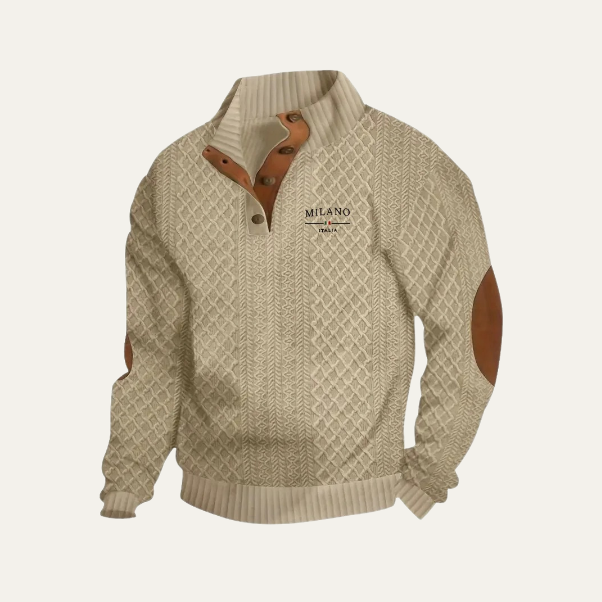 Men's quarter-zip knit sweater in beige with tan elbow patches and ribbed hem
