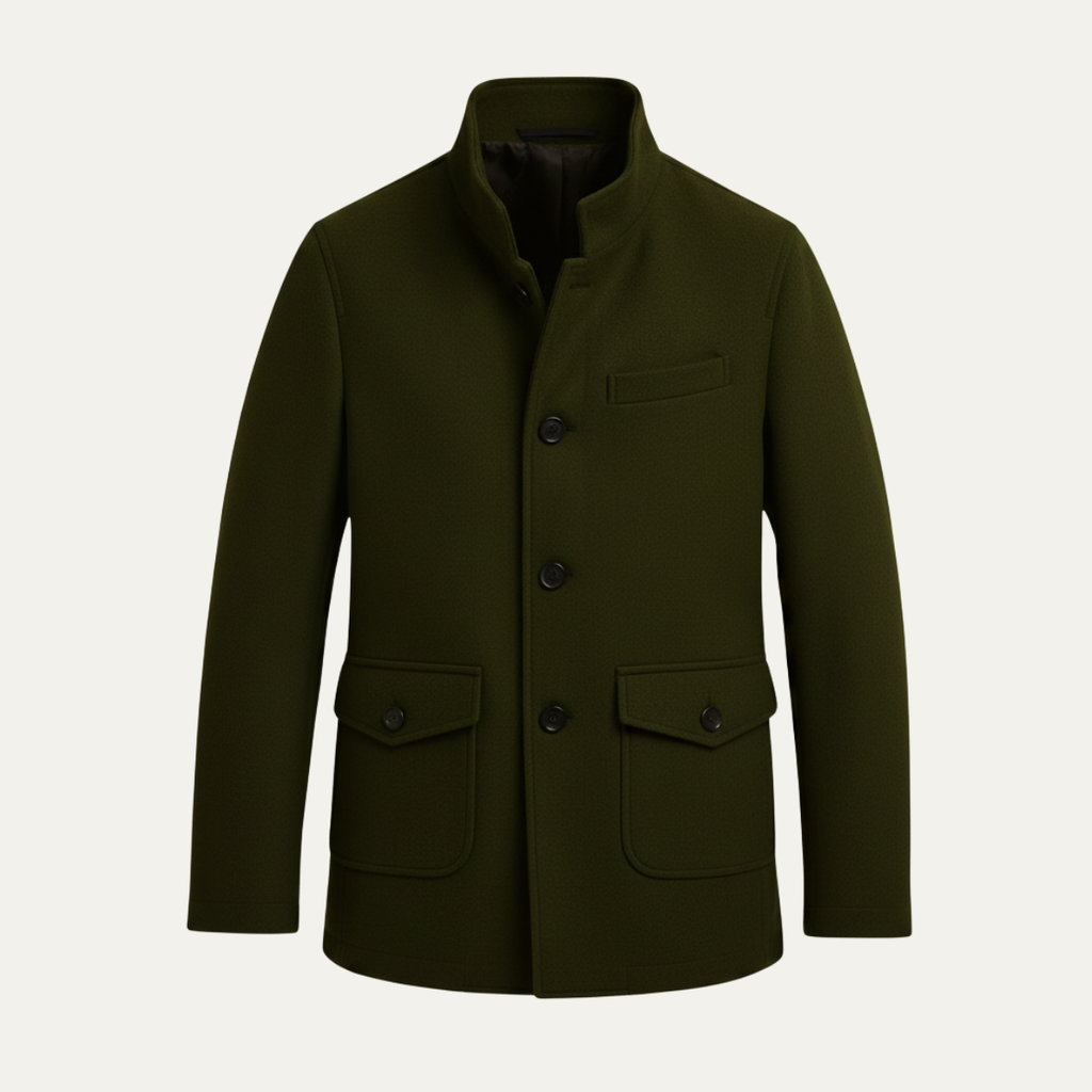 Men's army green wool overcoat with stand collar, button front, and flap pockets