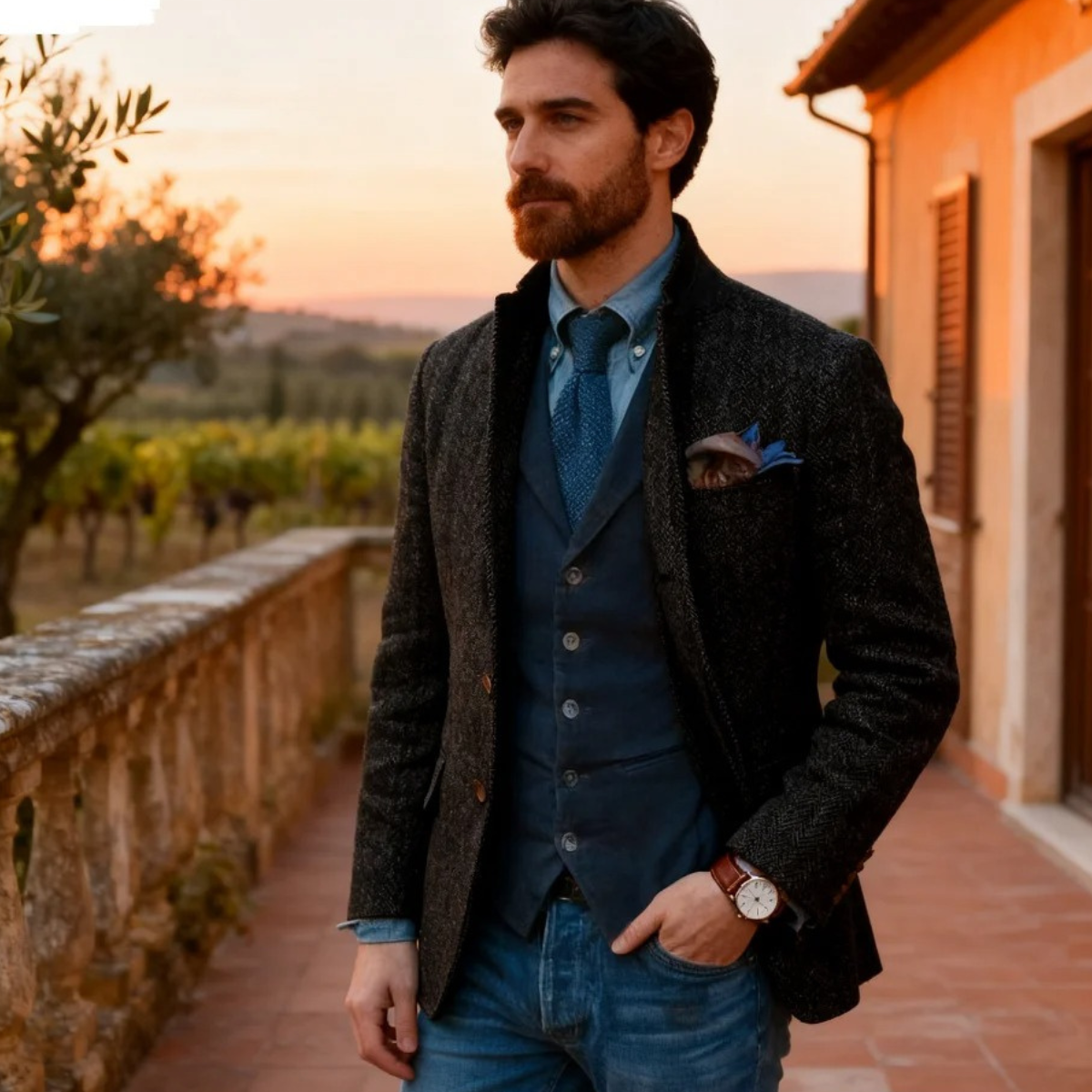 Men's black herringbone tweed blazer worn by model, dark buttons and chest pocket
