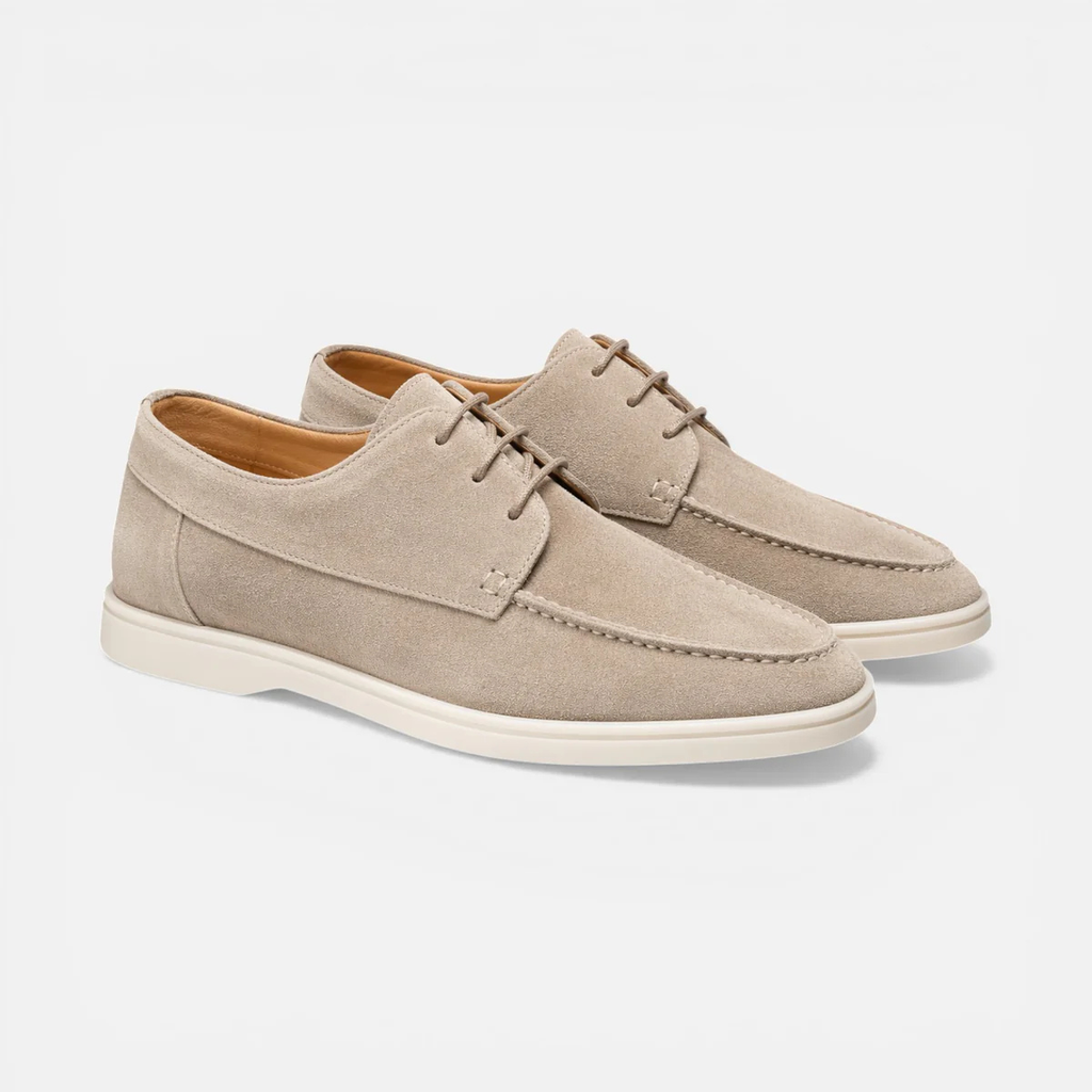 Men’s suede lace-up dress shoes in beige, angled front view with lace-up closure