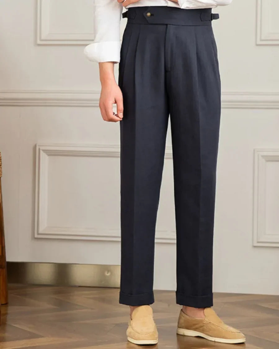 Navy men’s pleated linen tailored pants with belt loops and button fly