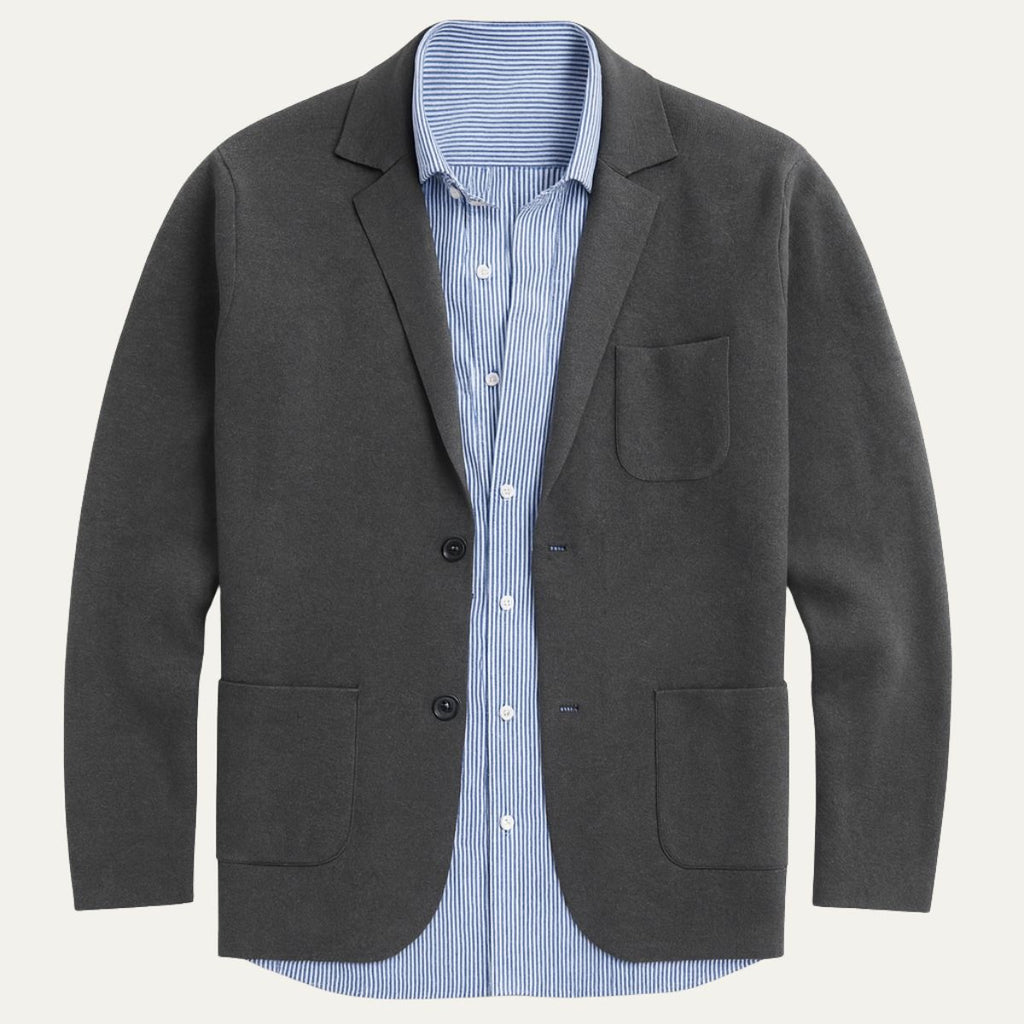 Dark charcoal cotton summer blazer with notch lapels, two front pockets, and chest pocket; striped shirt