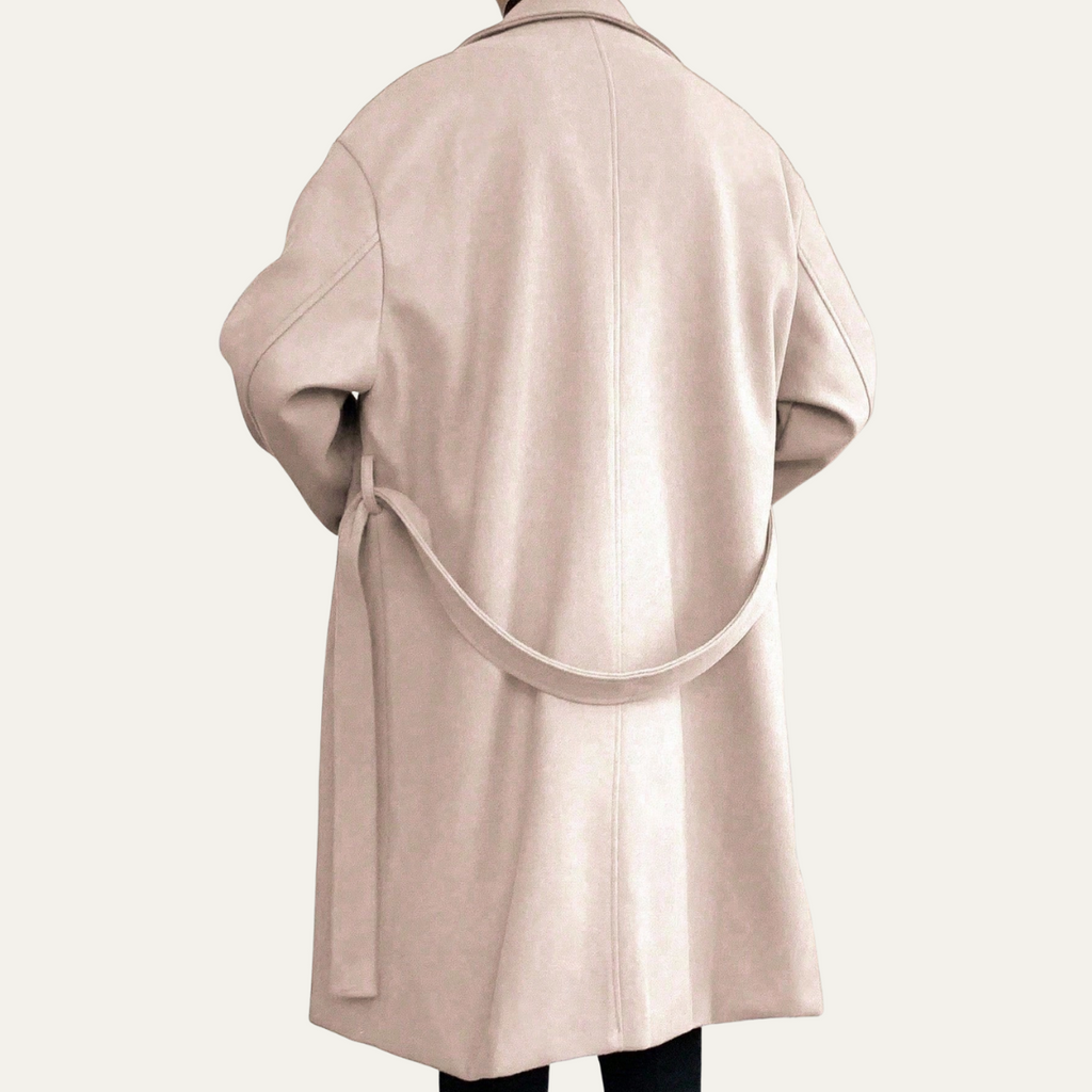 Light beige long overcoat with back waist tie and long sleeves