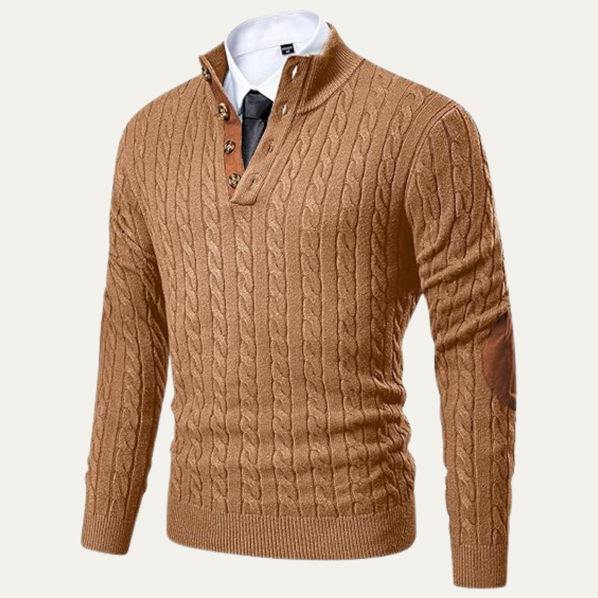 Men's khaki cable-knit collar stand sweater, front view with button placket
