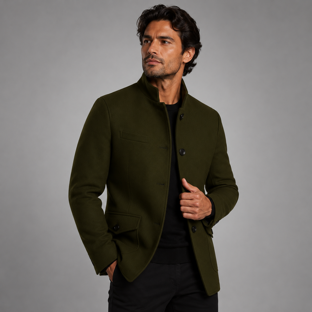 Men's wool overcoat in army green, standing collar, button front and flap pockets