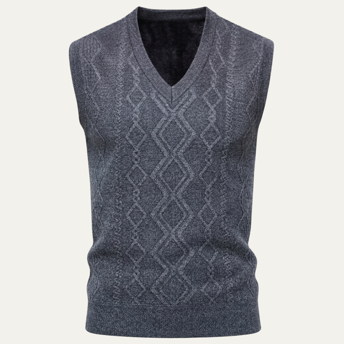 Men's light gray v-neck cable knit sweater vest with diamond pattern.