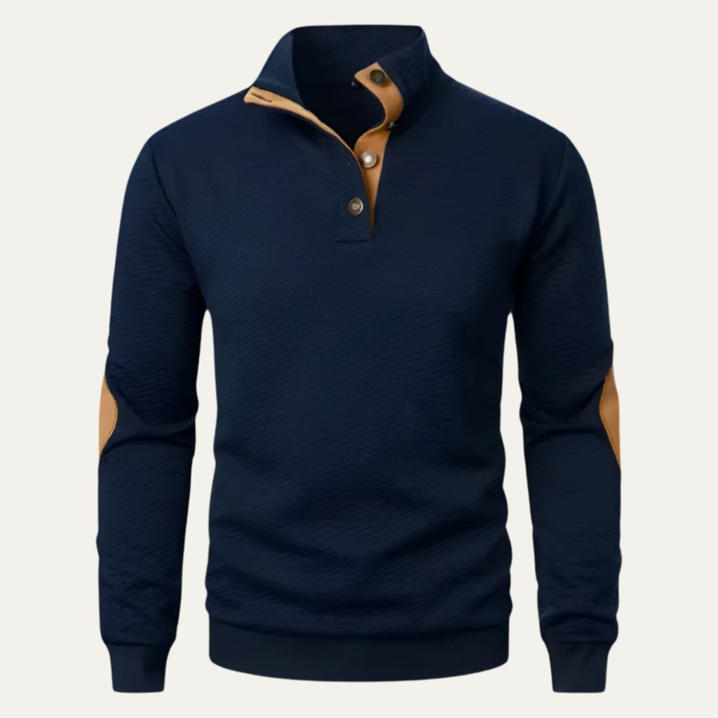Navy quarter-zip sweater back view with ribbed cuffs and tan collar lining